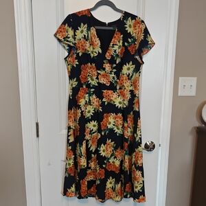 Ann Taylor Factory Navy Midi Dress with Vibrant Floral Pattern